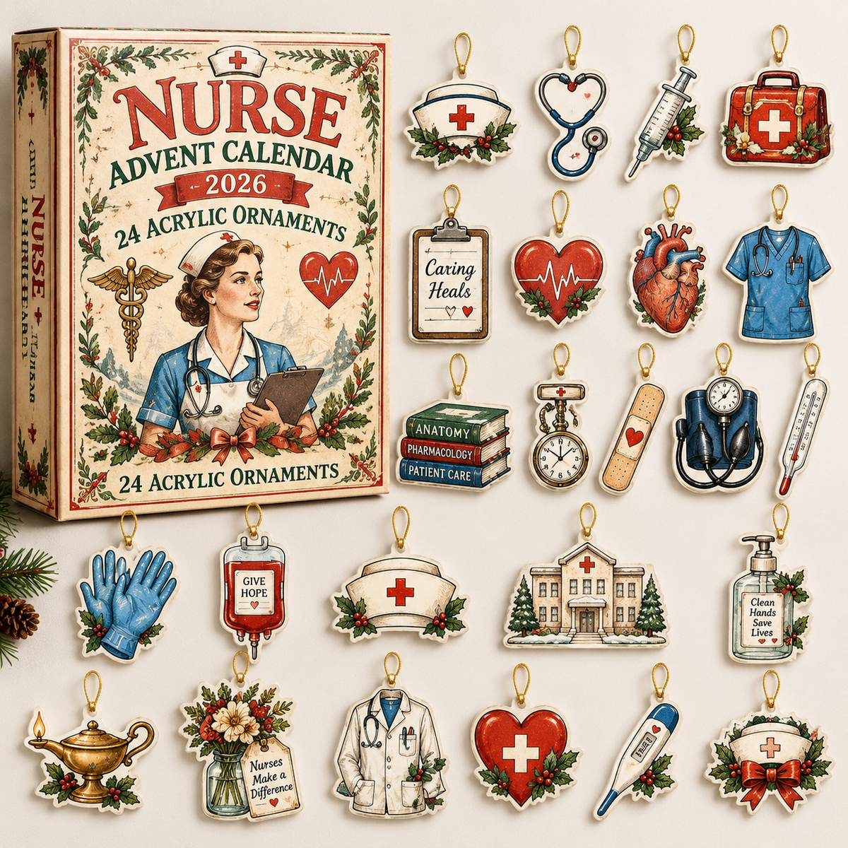 Vintage Medical Illustrations Advent Calendar HG , Nurse Acrylic Ornament Countdown Blind Box