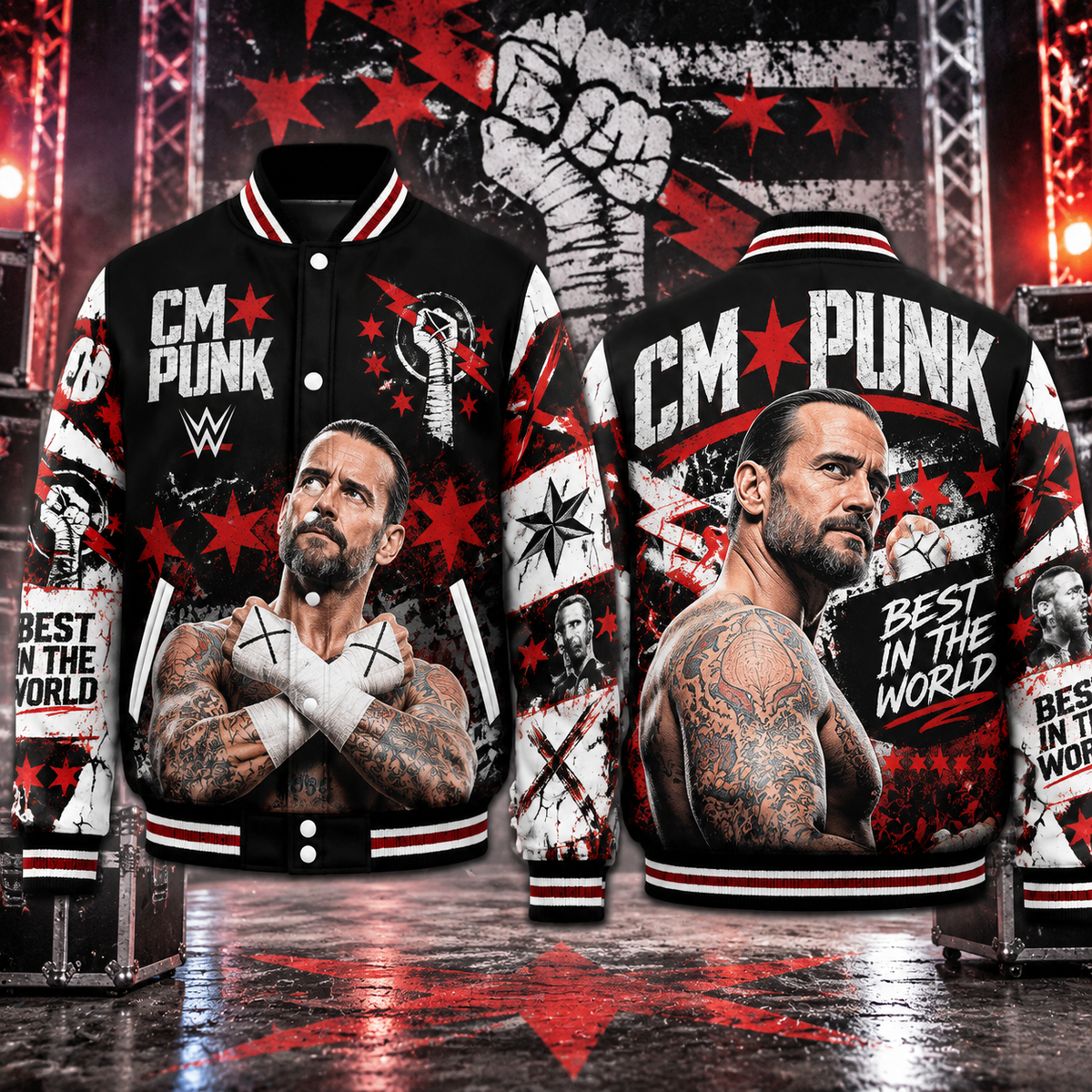 Cm Punk Wwe Baseball Jacket, HG AI Wrestling Varsity Style Polyester Outerwear For Adults And Kids