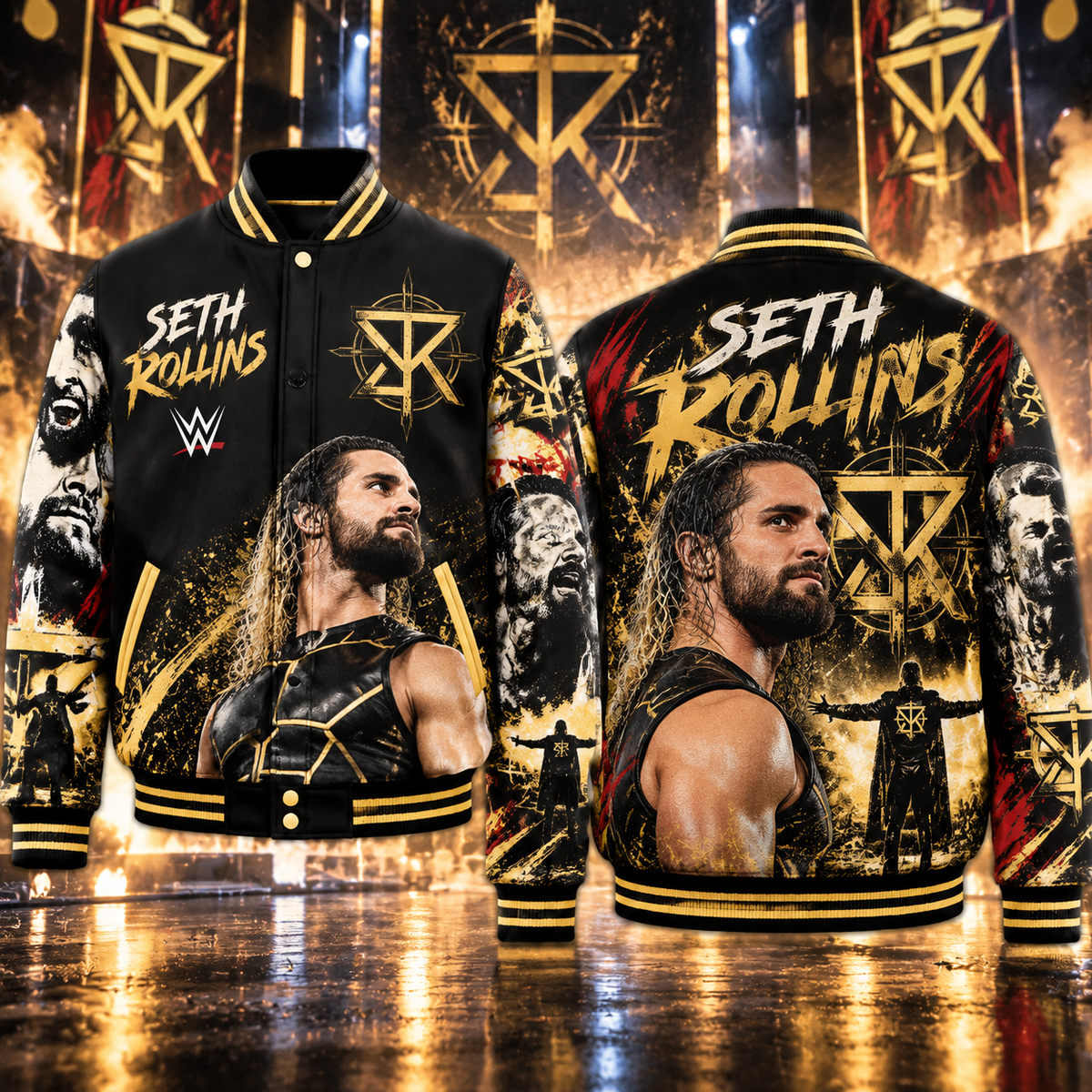Seth Rollins WWE Baseball Jacket HG AI Adult and Kid size HG Varsity Jacket