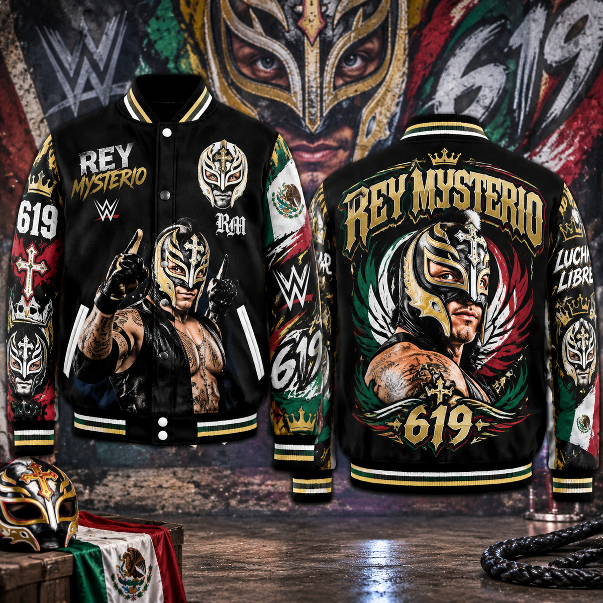 Rey Mysterio WWE Baseball Jacket HG AI Adult and Kid size HG Varsity Jacket