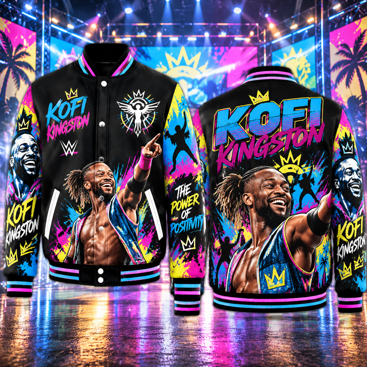 Kofi Kingston WWE Baseball Jacket HG AI Adult and Kid size HG Varsity Jacket