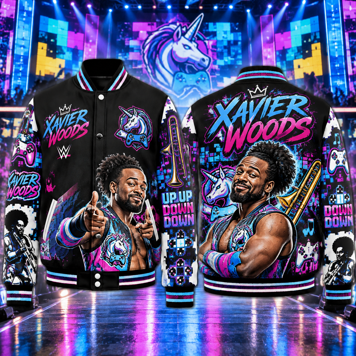 Xavier Woods WWE Baseball Jacket, HG AI Varsity Style Outerwear For Adults And Kids