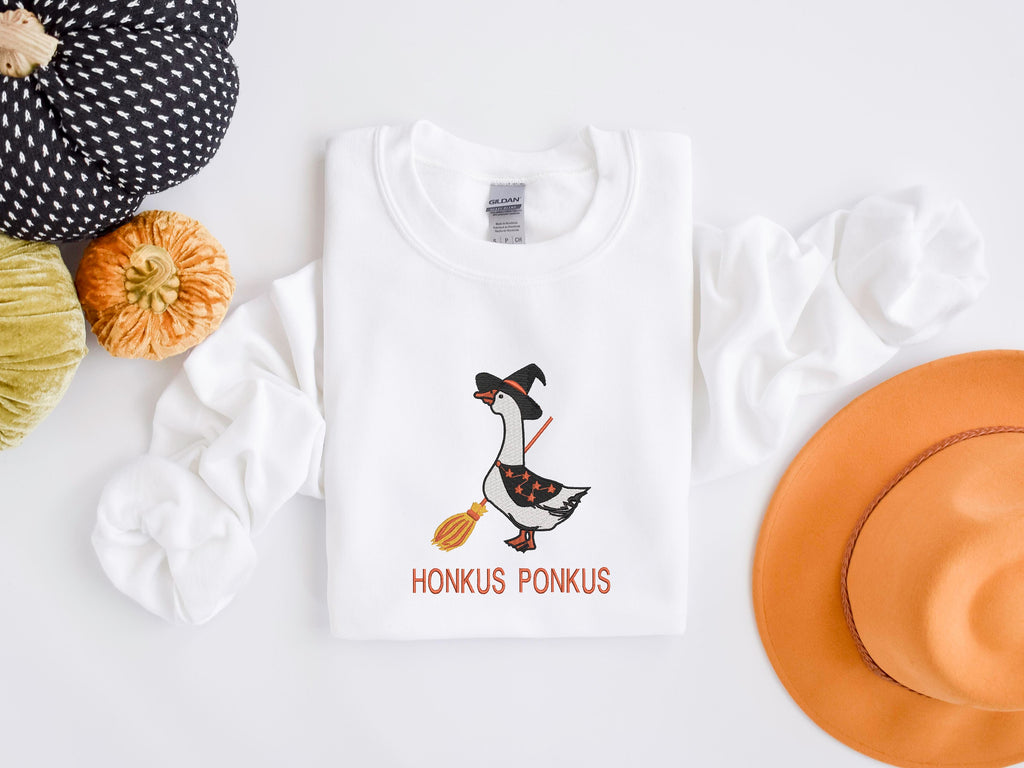 Embroidered Goose Honkus Ponkus Sweatshirt, KMH Embroidered Witch Goose Halloween Shirt, Witch Goose Sweatshirt, Silly Goose Tee, Honkus Ponkus
