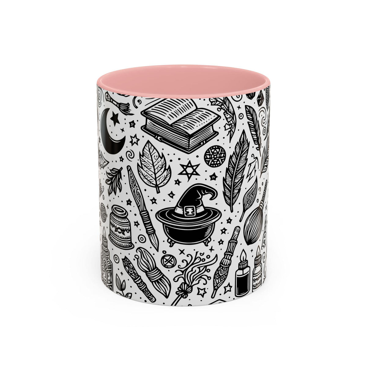 Mystical Themed Accent Coffee Mug, Witchy Mug, Black and White Design, Ideal Gift for Witches, Halloween Decor, Cozy Vibes, Coffee Lovers LTN