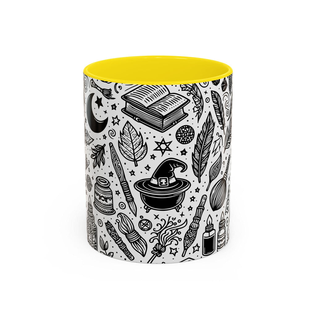 Mystical Themed Accent Coffee Mug, Witchy Mug, Black and White Design, Ideal Gift for Witches, Halloween Decor, Cozy Vibes, Coffee Lovers LTN