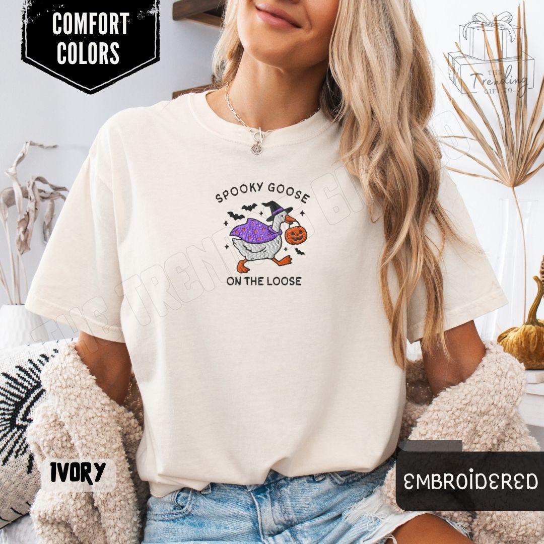 Embroidered Spooky Goose Shirt NNA, Halloween TShirt, Witchy Silly Goose Lover Tee, Girly Halloween Gift, Trick or Treat Outfit