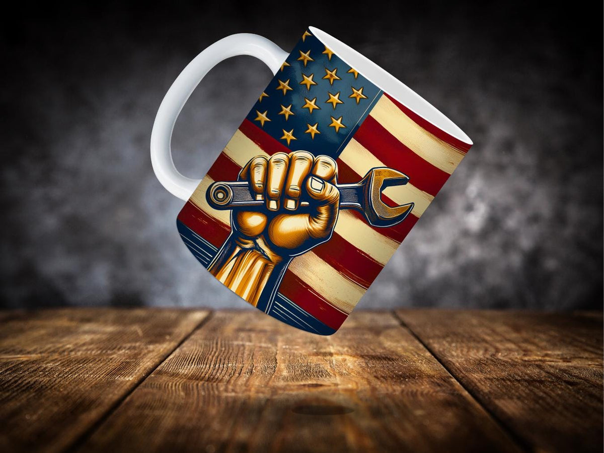 Labor Day Patriotic Mug – 11 oz and 15 oz Sublimation Design with Wrench & Flag LTN