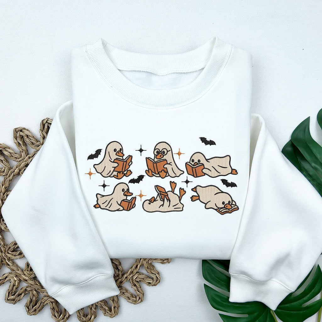 Cute Ghost Goose Reading Book Sweatshirt, KMH Embroidered Halloween Sweatshirt, Fall Spooky Season Sweatshirt, Book Lover Gift, Cozy Ghost Gift