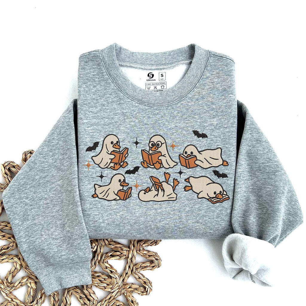 Cute Ghost Goose Reading Book Sweatshirt, KMH Embroidered Halloween Sweatshirt, Fall Spooky Season Sweatshirt, Book Lover Gift, Cozy Ghost Gift
