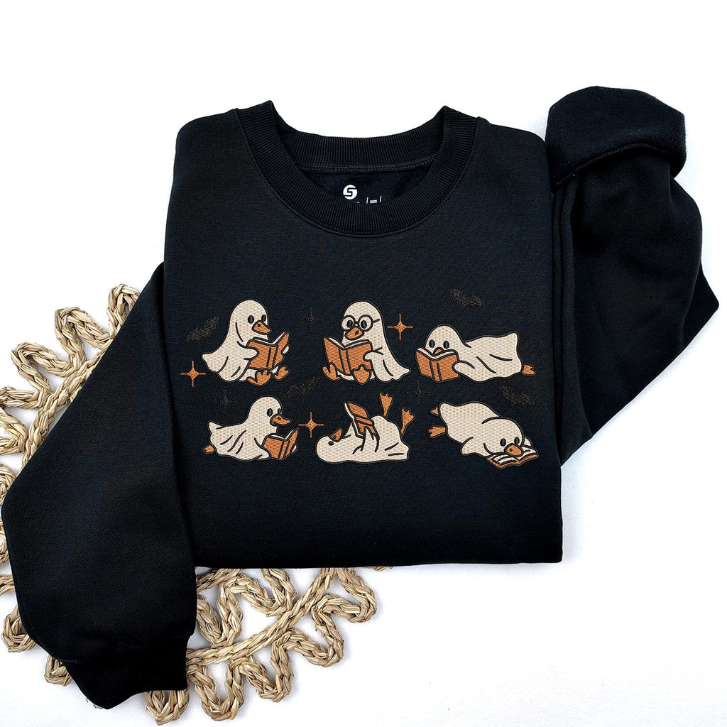 Cute Ghost Goose Reading Book Sweatshirt, KMH Embroidered Halloween Sweatshirt, Fall Spooky Season Sweatshirt, Book Lover Gift, Cozy Ghost Gift