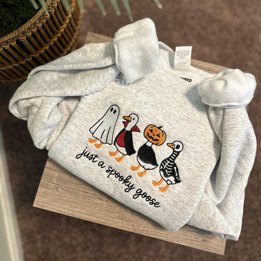 Spooky Goose Embroidered Sweatshirt Halloween Spooky HG Season Embroidery Geese Fall Autumn