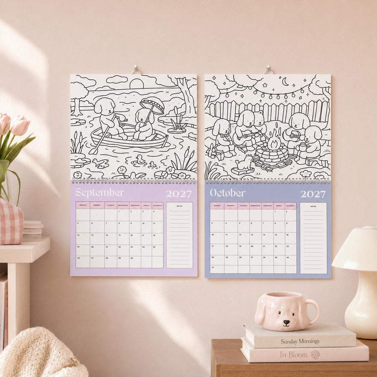 2027 Coloring Book Wall Calendar, Cute Bear Scenes, 11x17 Spiral Monthly Planner