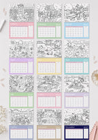 2027 Coloring Book Wall Calendar, Cute Bear Scenes, 11x17 Spiral Monthly Planner