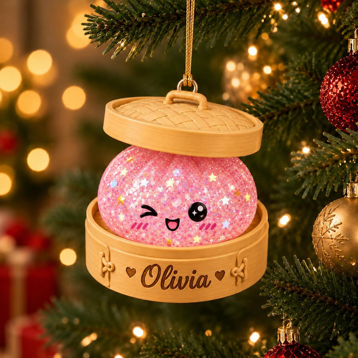 Personalized Glitter Dumpling Ornament, Custom Name Kawaii Dumpling Christmas Ornament, Dumpling Lover Gift, Kids Holiday Keepsake