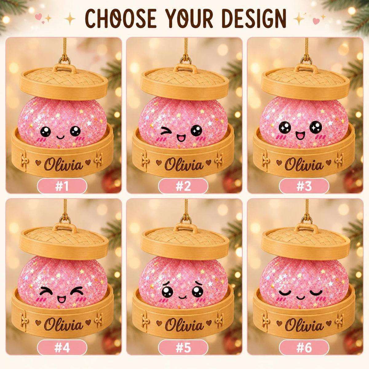 Personalized Glitter Dumpling Ornament, Custom Name Kawaii Dumpling Christmas Ornament, Dumpling Lover Gift, Kids Holiday Keepsake