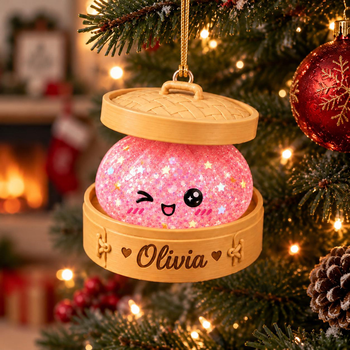 Personalized Glitter Dumpling Ornament, Custom Name Kawaii Dumpling Christmas Ornament, Dumpling Lover Gift, Kids Holiday Keepsake