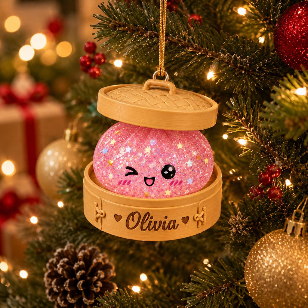 Personalized Glitter Dumpling Ornament, Custom Name Kawaii Dumpling Christmas Ornament, Dumpling Lover Gift, Kids Holiday Keepsake