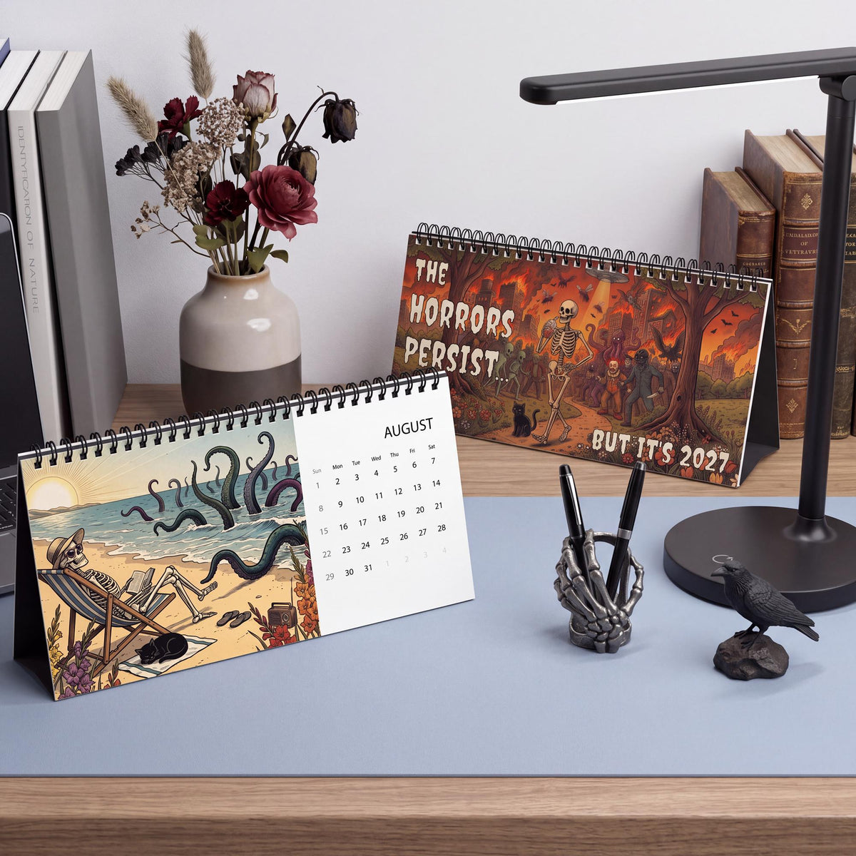 The Horrors Persist Desktop 2027 Calendar | Funny Horror Skeleton Calendar for 2027 | Dark Humor Desk Calendar