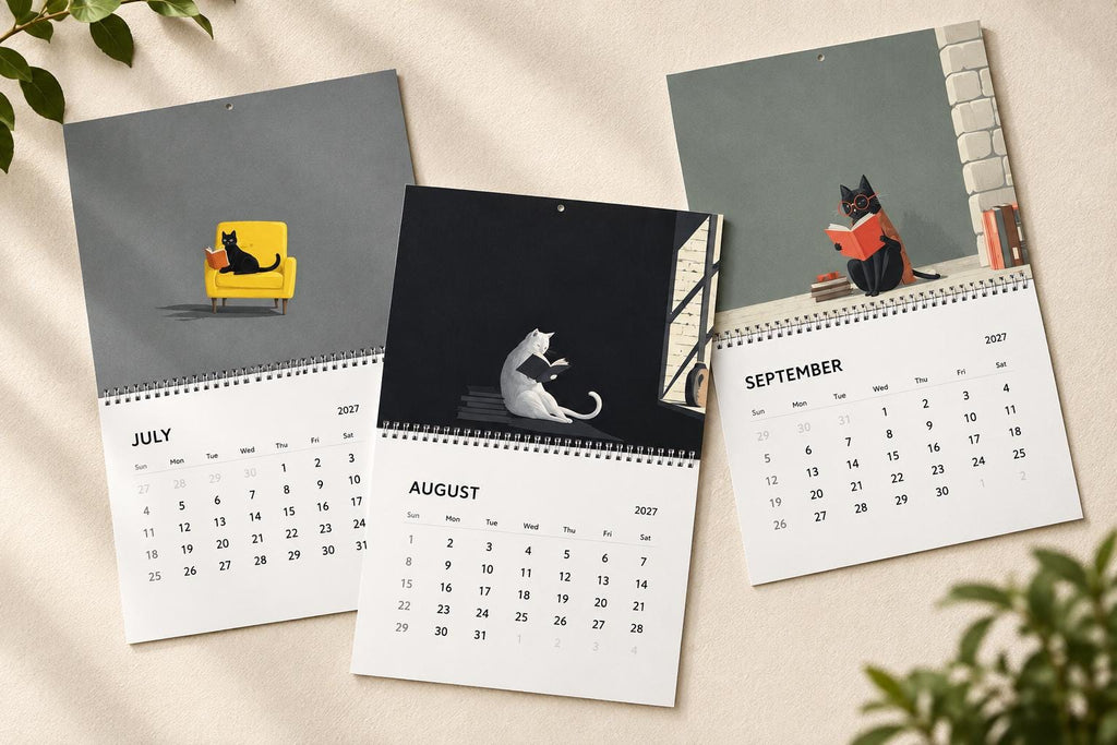2027 Cozy Cat Calendar for Book Lovers, Whimsical Feline Illustration Calendar, Literary Gift for Readers, Reading Cats 2027 Wall Calendar