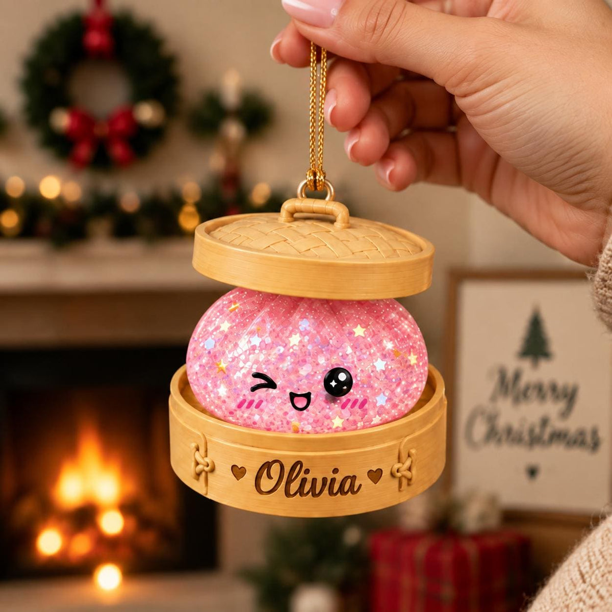 Personalized Glitter Dumpling Ornament, Custom Name Kawaii Dumpling Christmas Ornament, Dumpling Lover Gift, Kids Holiday Keepsake