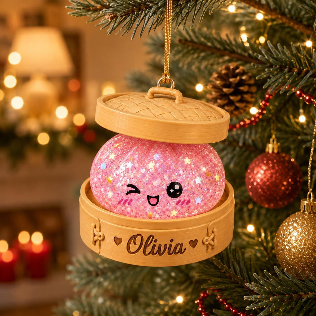 Personalized Glitter Dumpling Ornament, Custom Name Kawaii Dumpling Christmas Ornament, Dumpling Lover Gift, Kids Holiday Keepsake