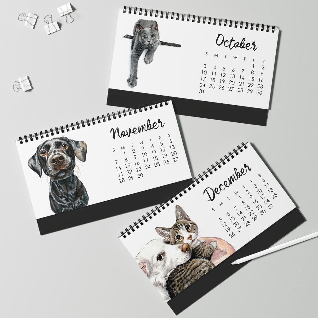 2027 Watercolor Cats & Dogs Desk Calendar | Monthly Pet Desktop Calendar