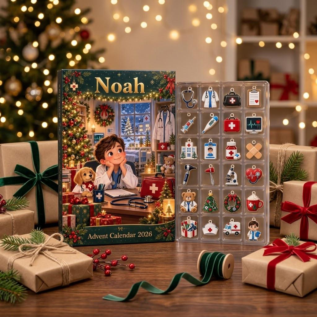 Personalized Doctor Advent Calendar HG, 24 Medical Christmas Charms, Custom Name Future Doctor Gift, Holiday Countdown Box