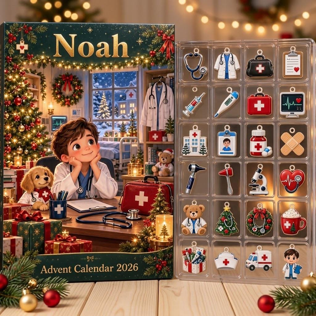 Personalized Doctor Advent Calendar HG, 24 Medical Christmas Charms, Custom Name Future Doctor Gift, Holiday Countdown Box