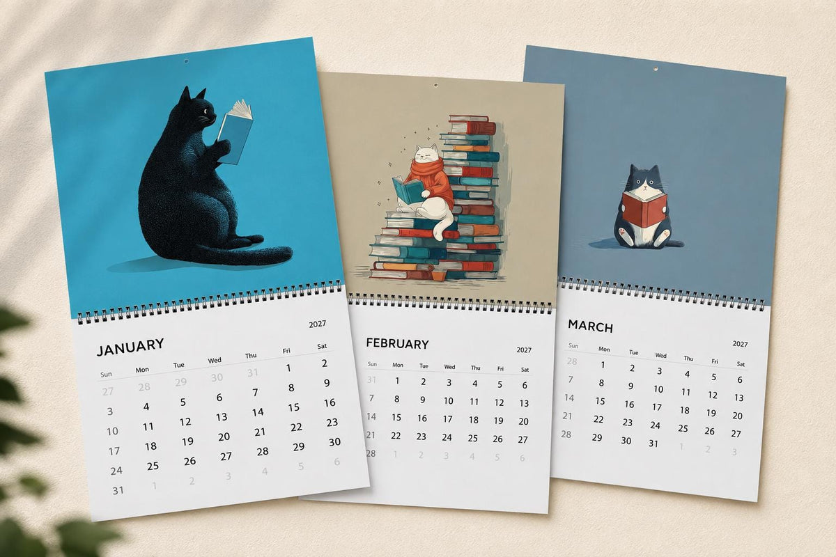 2027 Cozy Cat Calendar for Book Lovers, Whimsical Feline Illustration Calendar, Literary Gift for Readers, Reading Cats 2027 Wall Calendar