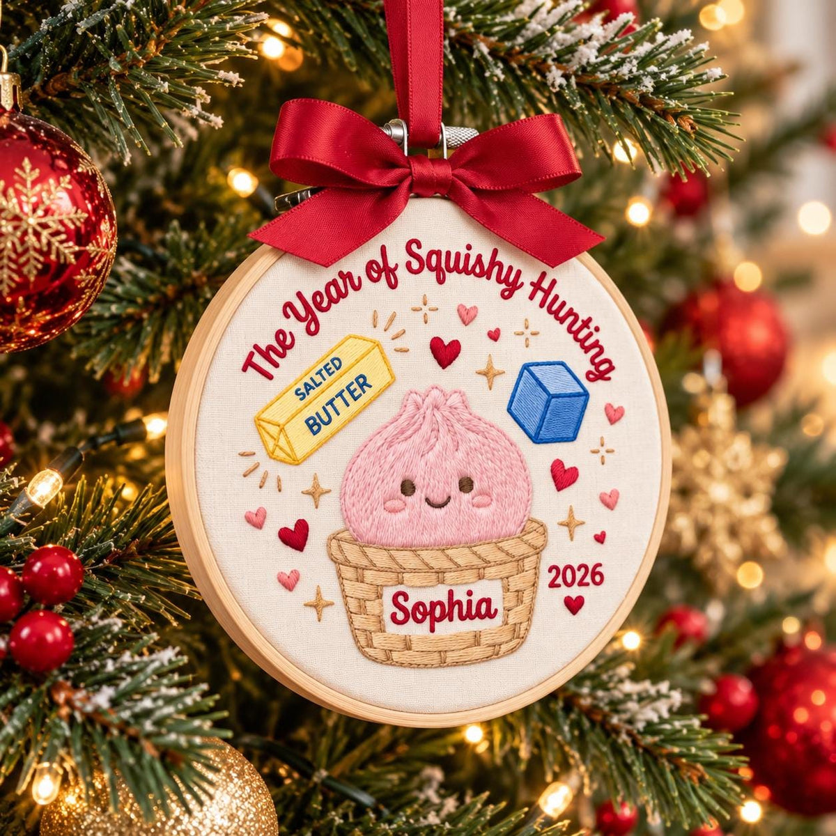 The Year of Squishy Hunting Ornament, Personalized Embroidered Christmas Hoop, Custom Name 2026 Keepsake, Cute Holiday Decor